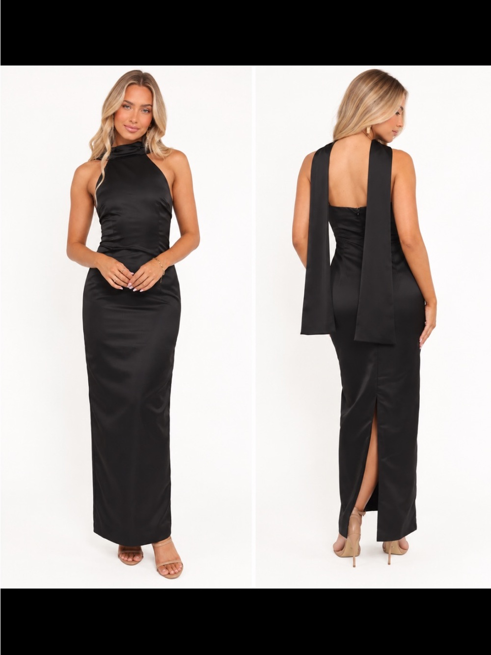 Petal & Pup Black Satin Halter Maxi with Draped Back Sash